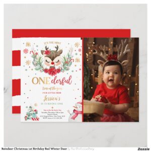 Reindeer Christmas 1st Birthday Red Winter Deer Invitation