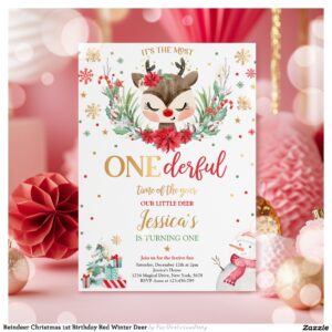 Reindeer Christmas 1st Birthday Red Winter Deer Invitation
