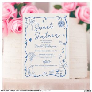 Retro blue French hand drawn illustrated Sweet 16 Invitation