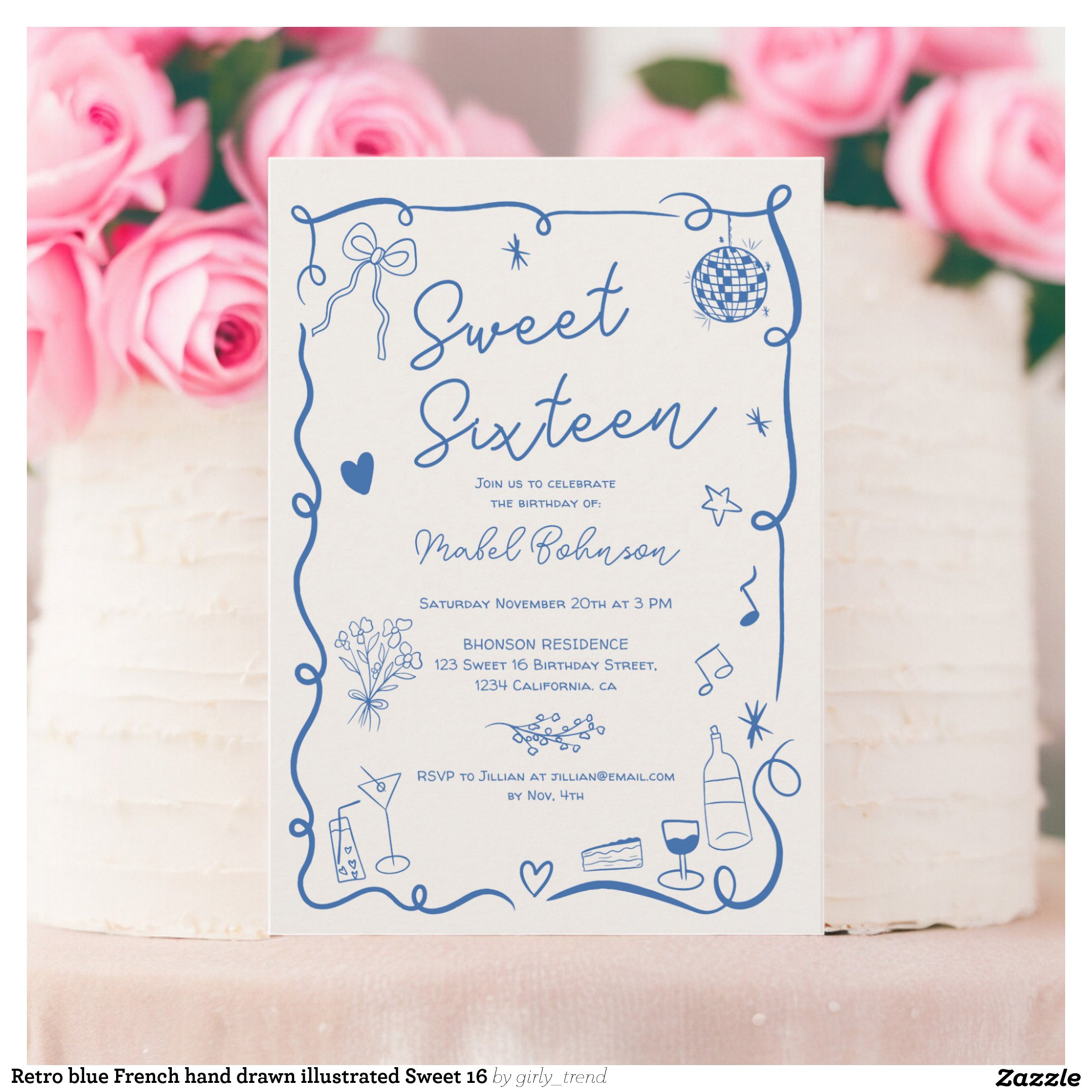 Retro blue French hand drawn illustrated Sweet 16 Invitation