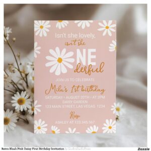 Retro Blush Pink Daisy First Birthday Invitation