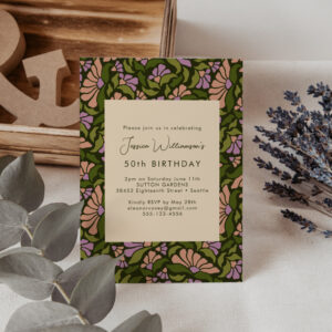 Retro Boho Green Botanical Groovy 50th Birthday Invitation