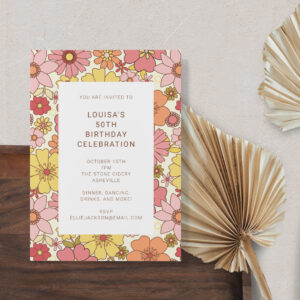 Retro Boho Pink Yellow Floral Cute Birthday Party Invitation