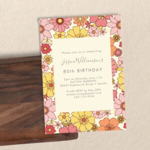 Retro Boho Pink Yellow Floral Groovy 80th Birthday Invitation