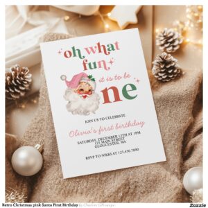 Retro Christmas pink Santa First Birthday Invitation