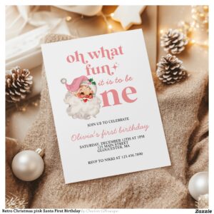 Retro Christmas pink Santa First Birthday Invitation