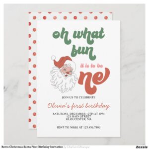 Retro Christmas Santa First Birthday Invitation