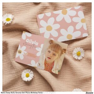 Retro Daisy Boho Groovy Girl Photo Birthday Party Invitation