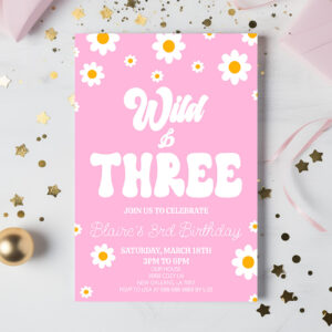 Retro Daisy Flower Wild & Three 3rd Birthday Party Invitation