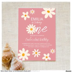 Retro desert daisy 1st birthday party dusty pink invitation