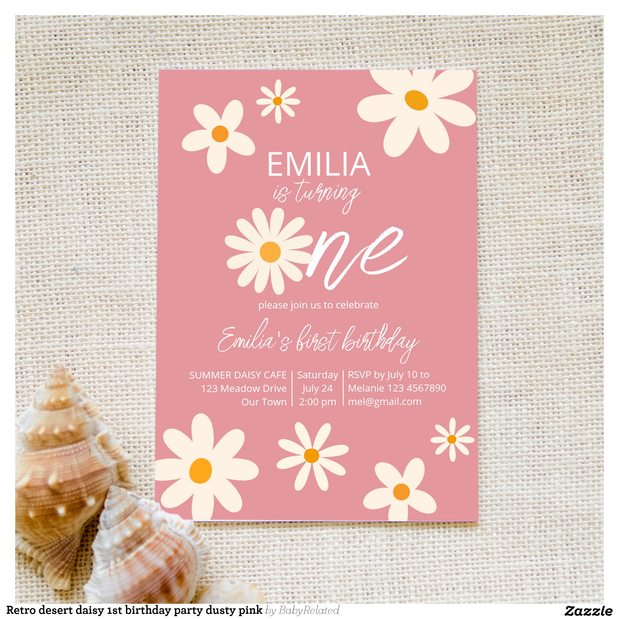 Retro desert daisy 1st birthday party dusty pink invitation