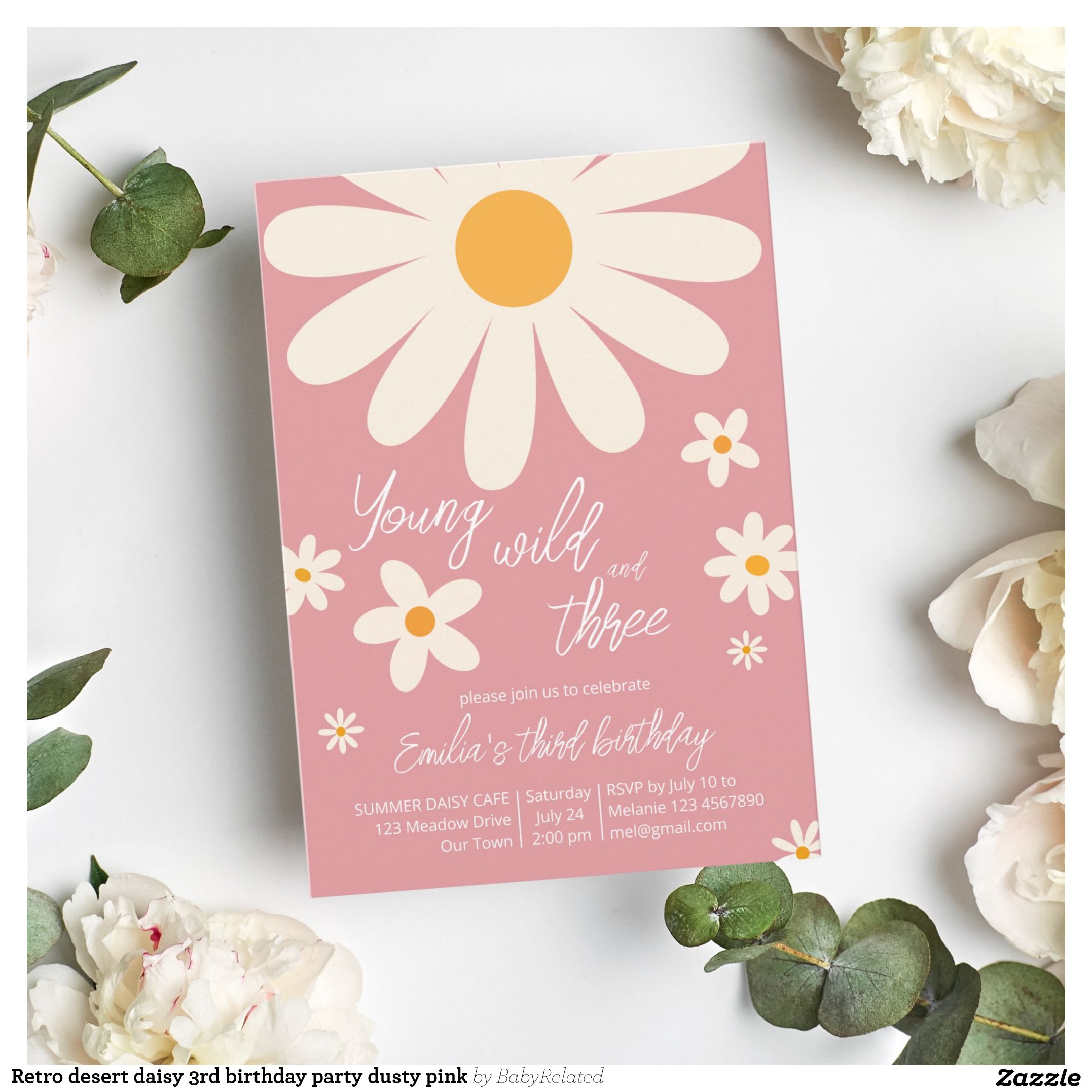 Retro desert daisy 3rd birthday party dusty pink invitation