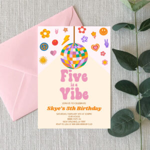 Retro Disco Ball Five Is A Vibe 5th Birthday Party Invitation