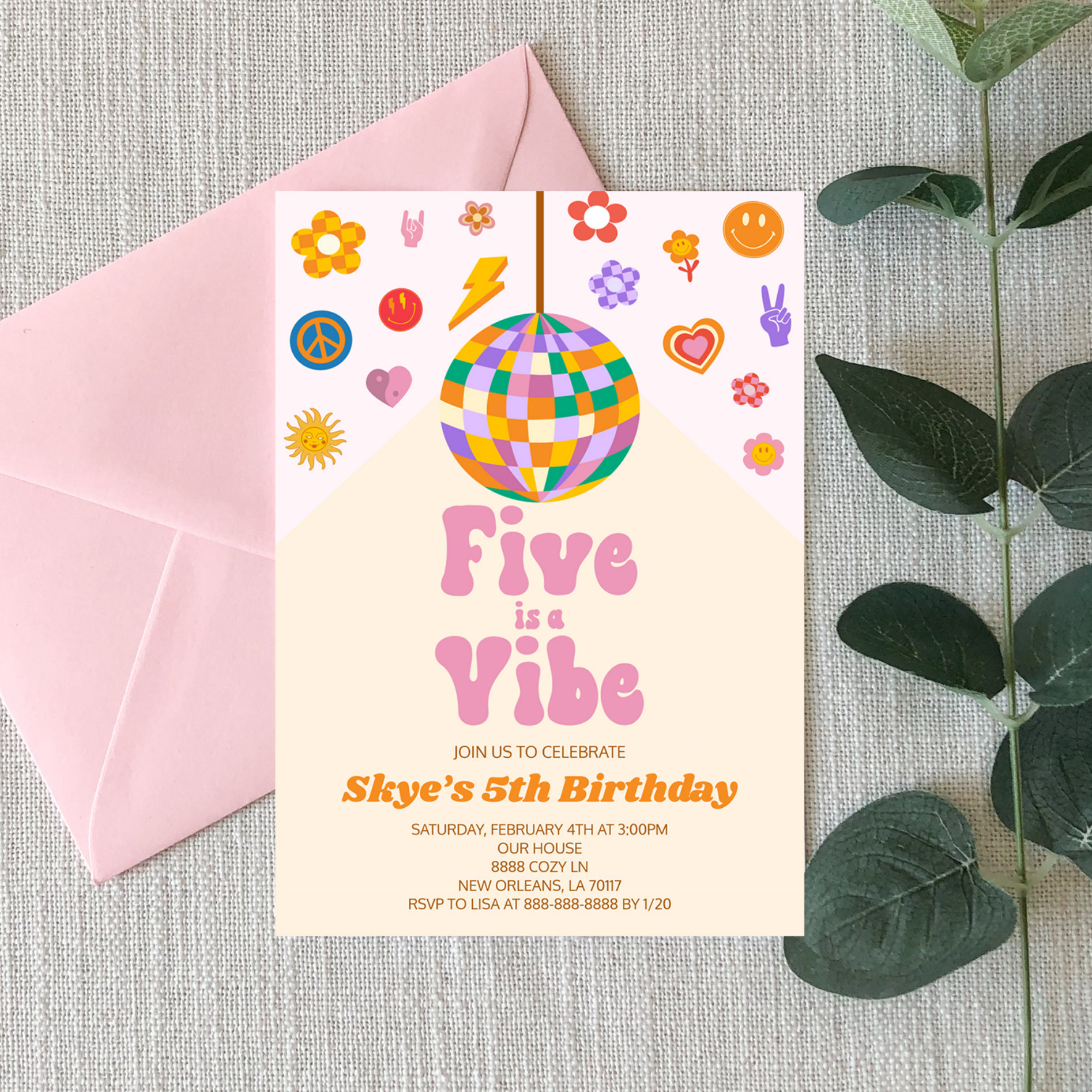 Retro Disco Ball Five Is A Vibe 5th Birthday Party Invitation