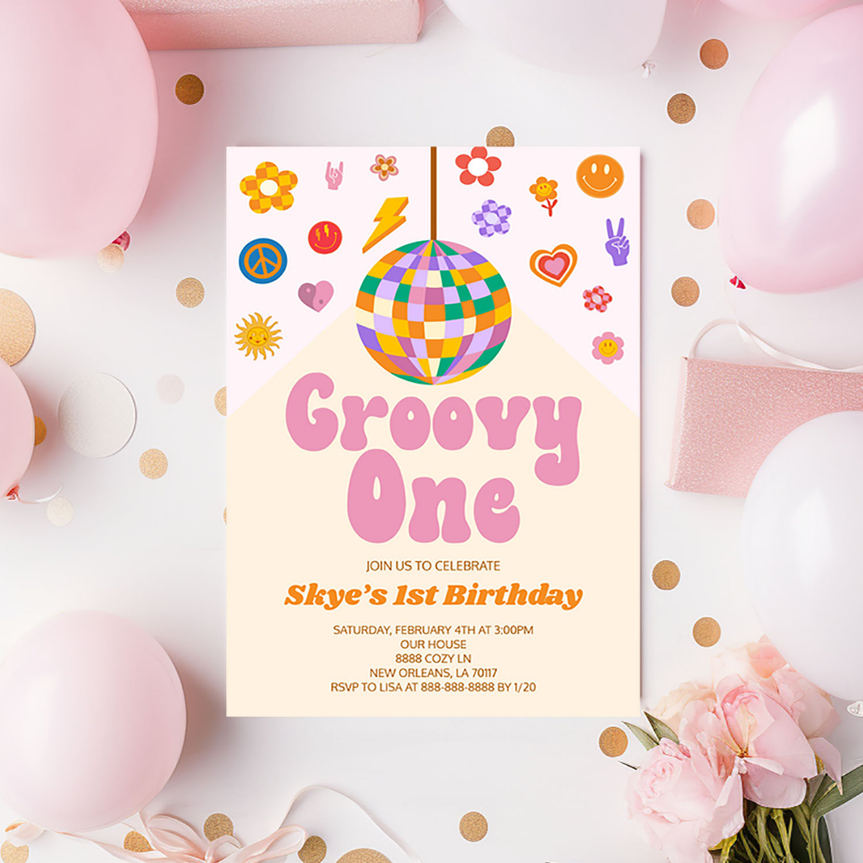 Retro Disco Ball Groovy One 1st Birthday Party Invitation