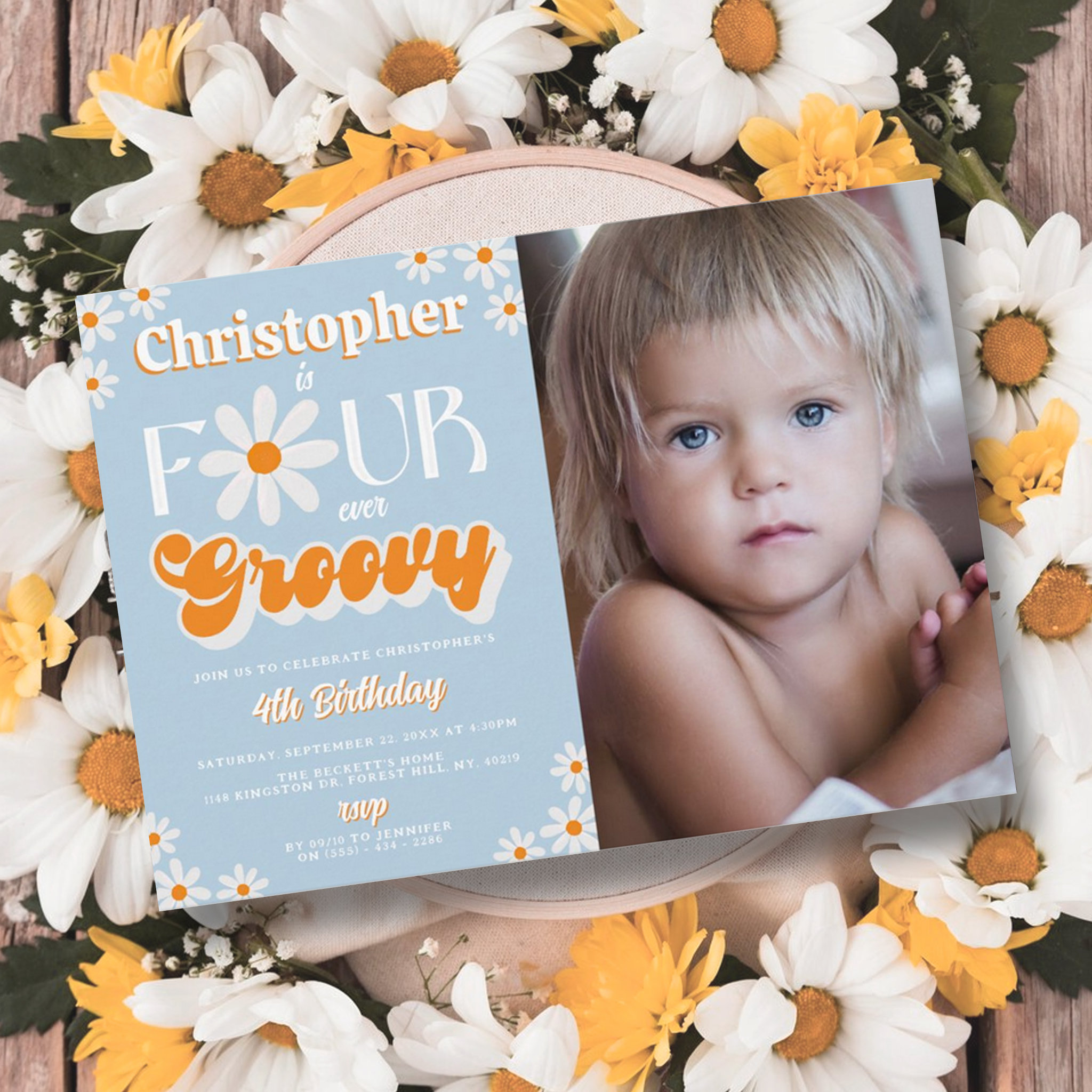 Retro Four Ever Groovy Boys 4th Birthday Photo Invitation