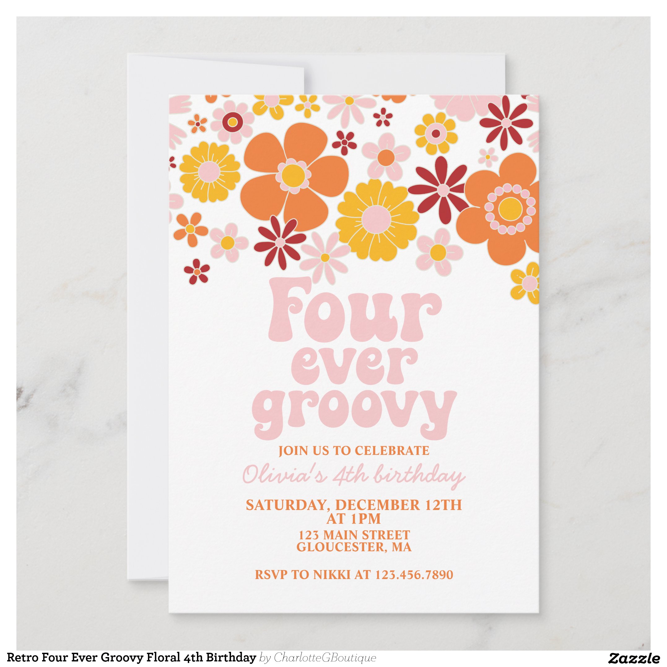 Retro Four Ever Groovy Floral 4th Birthday Invitation
