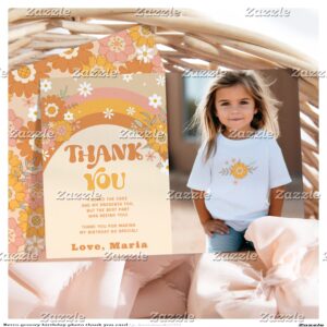 Retro groovy birthday photo thank you card