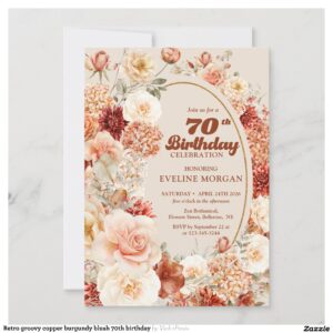 Retro groovy copper burgundy blush 70th birthday invitation
