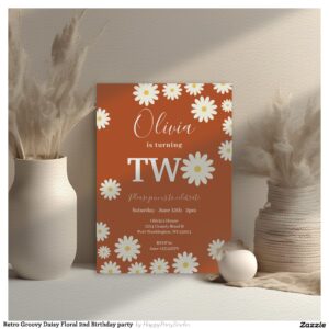 Retro Groovy Daisy Floral 2nd Birthday party Invitation