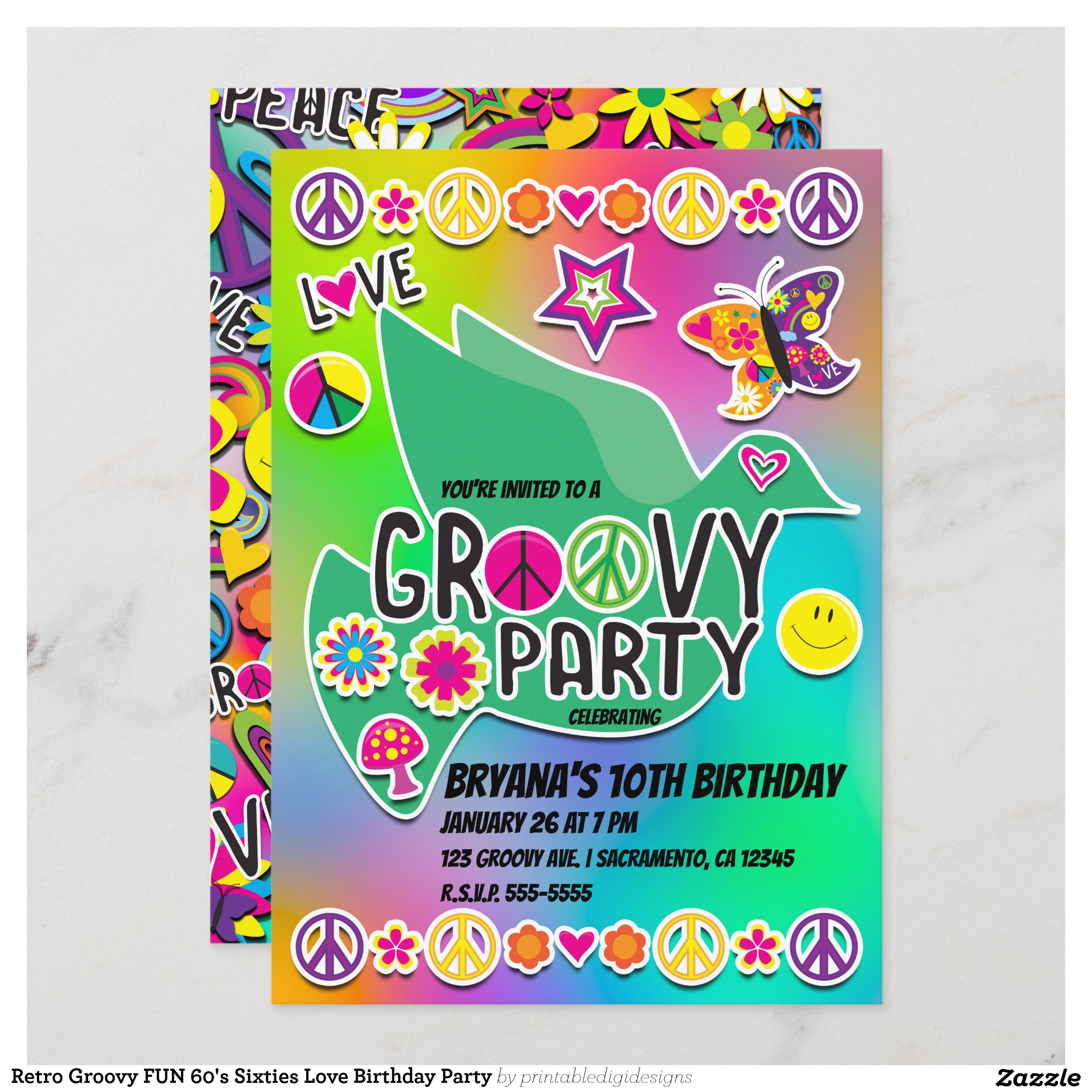 Retro Groovy FUN 60's Sixties Love Birthday Party Invitation