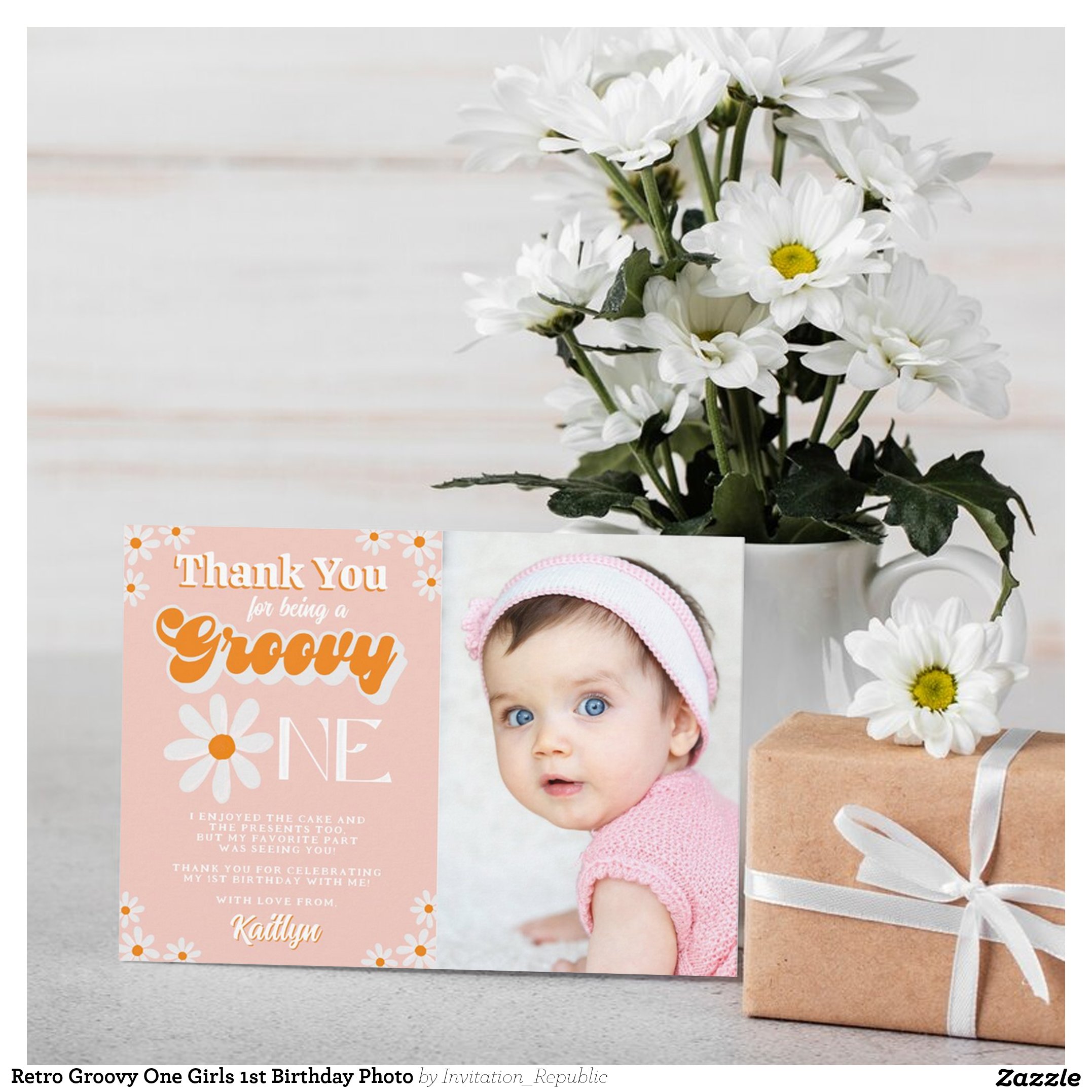 Retro Groovy One Girls 1st Birthday Photo Thank You Card