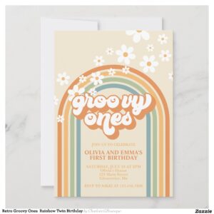 Retro Groovy Ones Rainbow Twin Birthday Invitation
