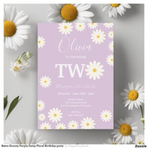 Retro Groovy Purple Daisy Floral Birthday party Invitation