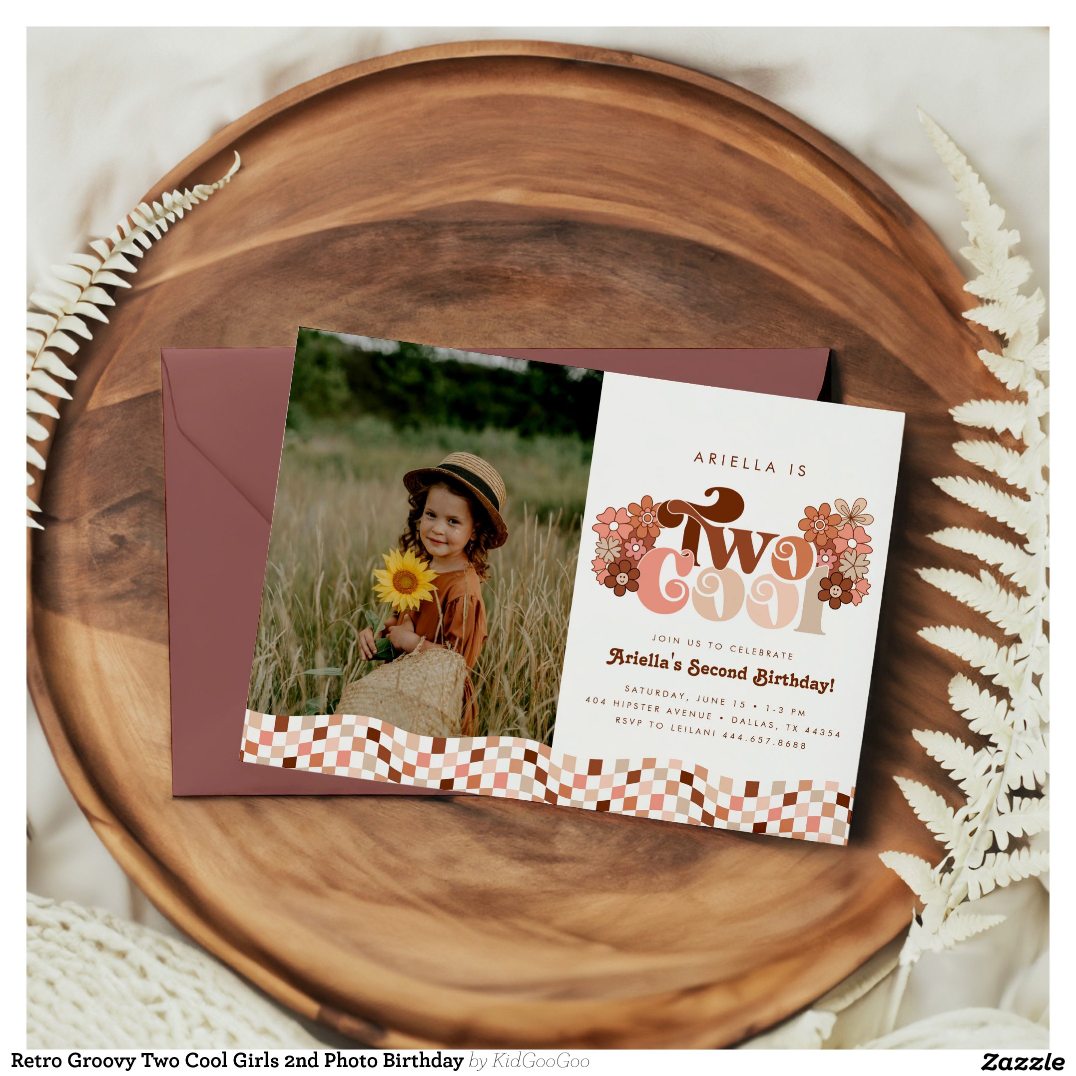 Retro Groovy Two Cool Girls 2nd Photo Birthday Invitation