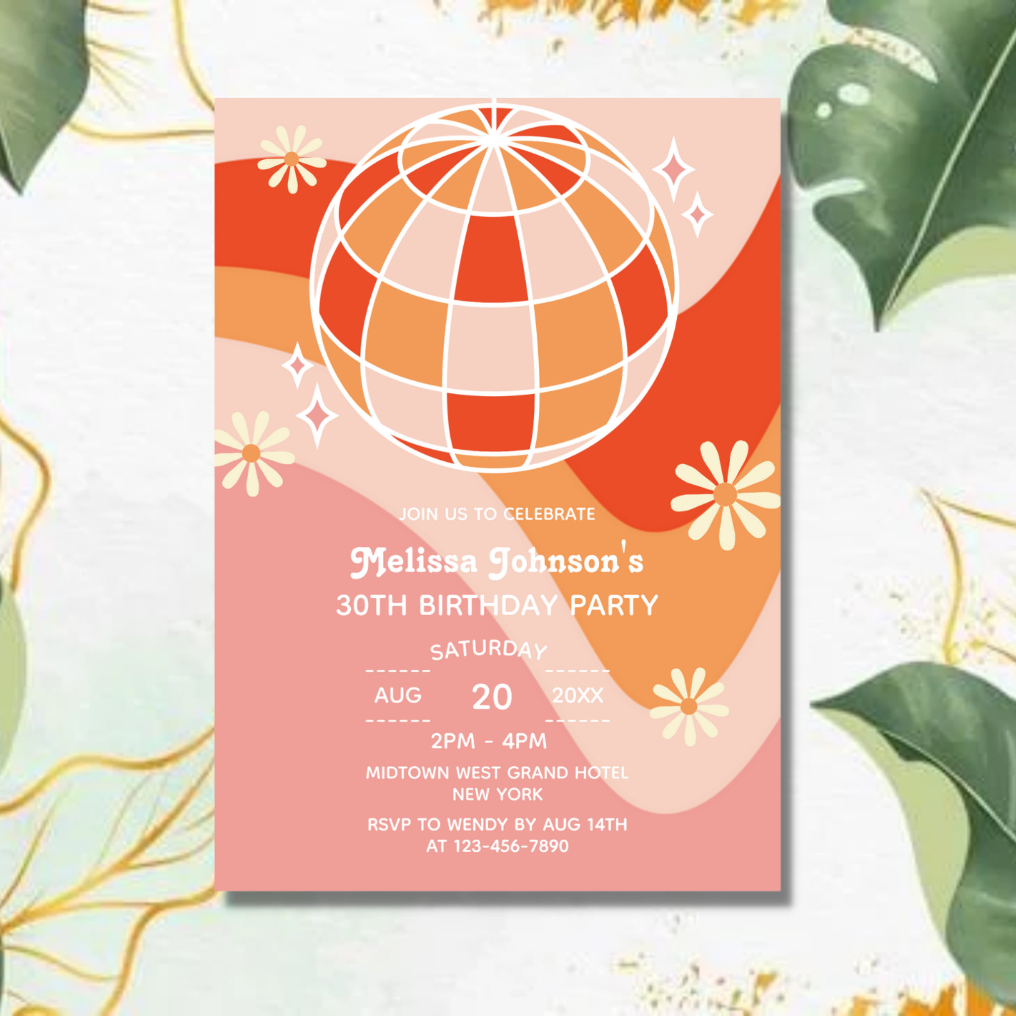Retro Groovy Wave Disco Ball Daisy Pink Birthday Invitation