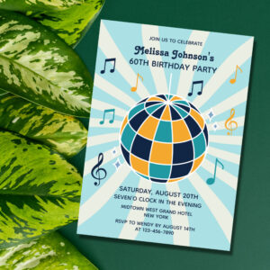 Retro Groovy Wave Disco Ball Musical Blue Birthday Invitation