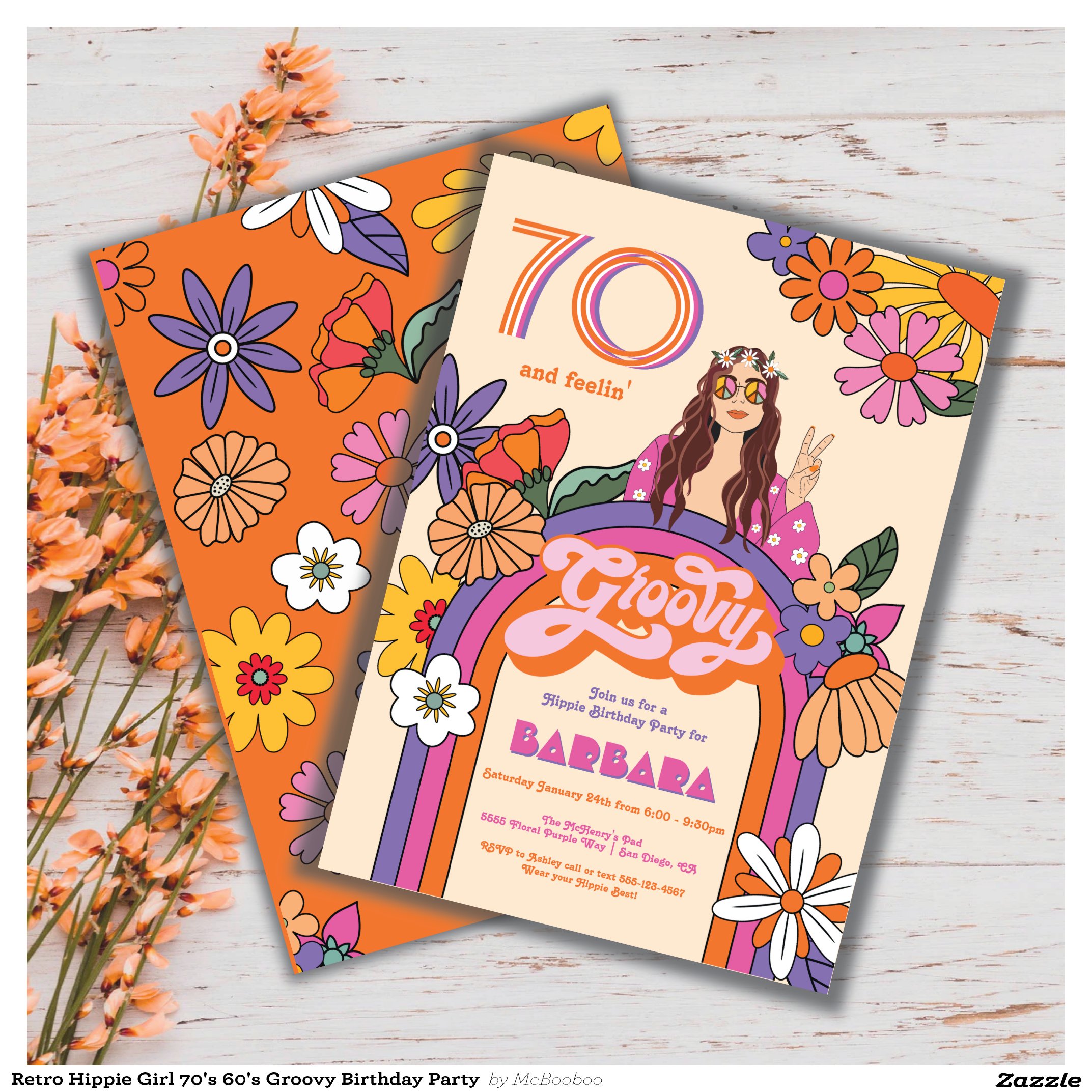 Retro Hippie Girl 70's 60's Groovy Birthday Party Invitation