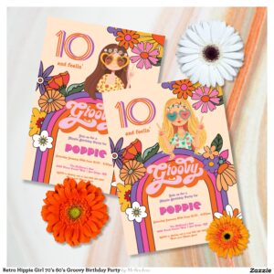 Retro Hippie Girl 70's 60's Groovy Birthday Party Invitation