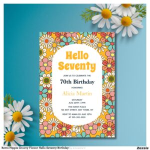 Retro Hippie Groovy Flower Hello Seventy Birthday Invitation