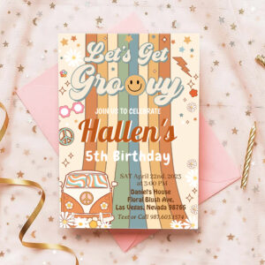 Retro Let's Groovy Boho Daisy Rainbow Birthday Invitation