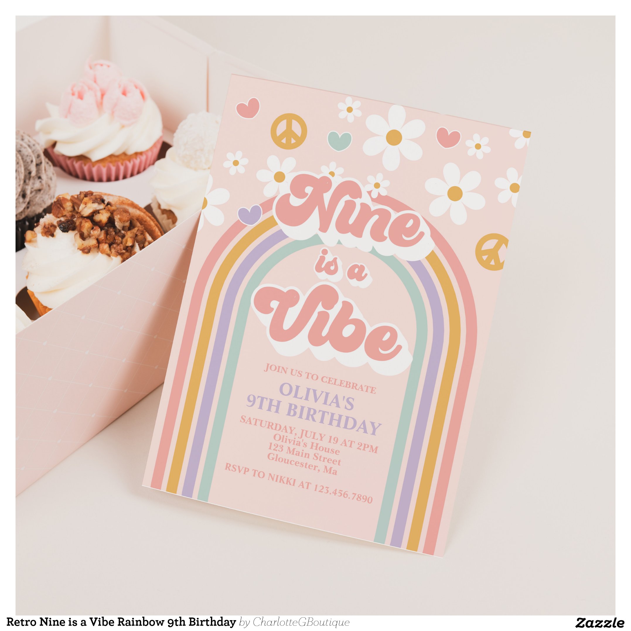 Retro Nine is a Vibe Rainbow 9th Birthday Invitation