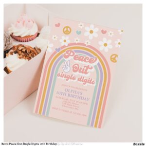 Retro Peace Out Single Digits 10th Birthday Invitation