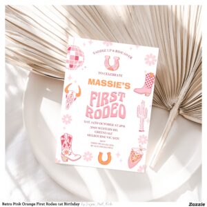 Retro Pink Orange First Rodeo 1st Birthday Invitation