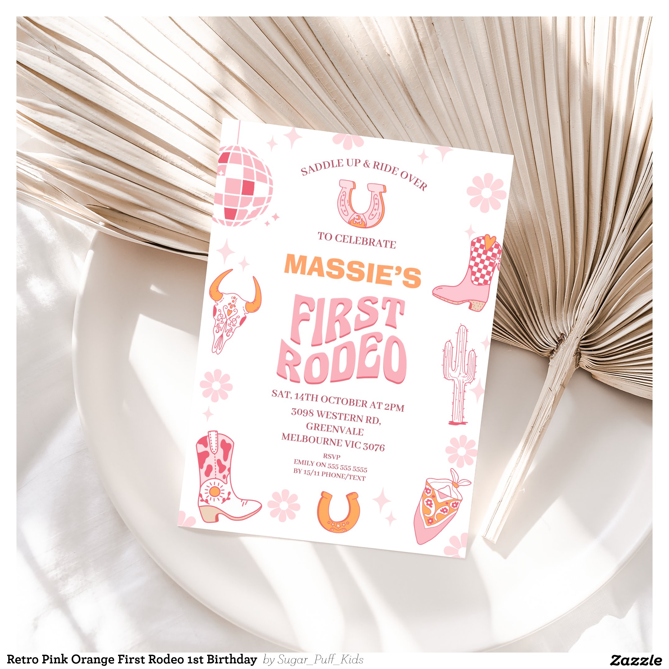 Retro Pink Orange First Rodeo 1st Birthday Invitation