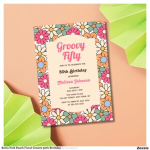 Retro Pink Peach Floral Groovy 50th Birthday Invitation