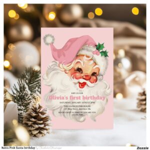 Retro Pink Santa birthday Invitation