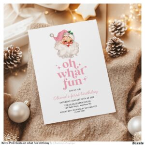 Retro Pink Santa oh what fun birthday Invitation