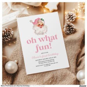 Retro Pink Santa oh what fun birthday Invitation