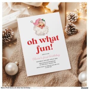 Retro Pink Santa oh what fun birthday Invitation