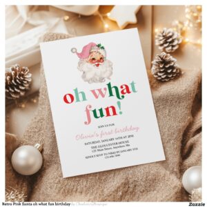 Retro Pink Santa oh what fun birthday Invitation