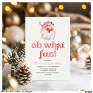 Retro Pink Santa oh what fun birthday Invitation