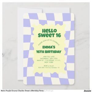 Retro Purple Groovy Checker Sweet 16Birthday Party Invitation