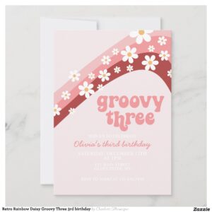 Retro Rainbow Daisy Groovy Three 3rd birthday Invitation