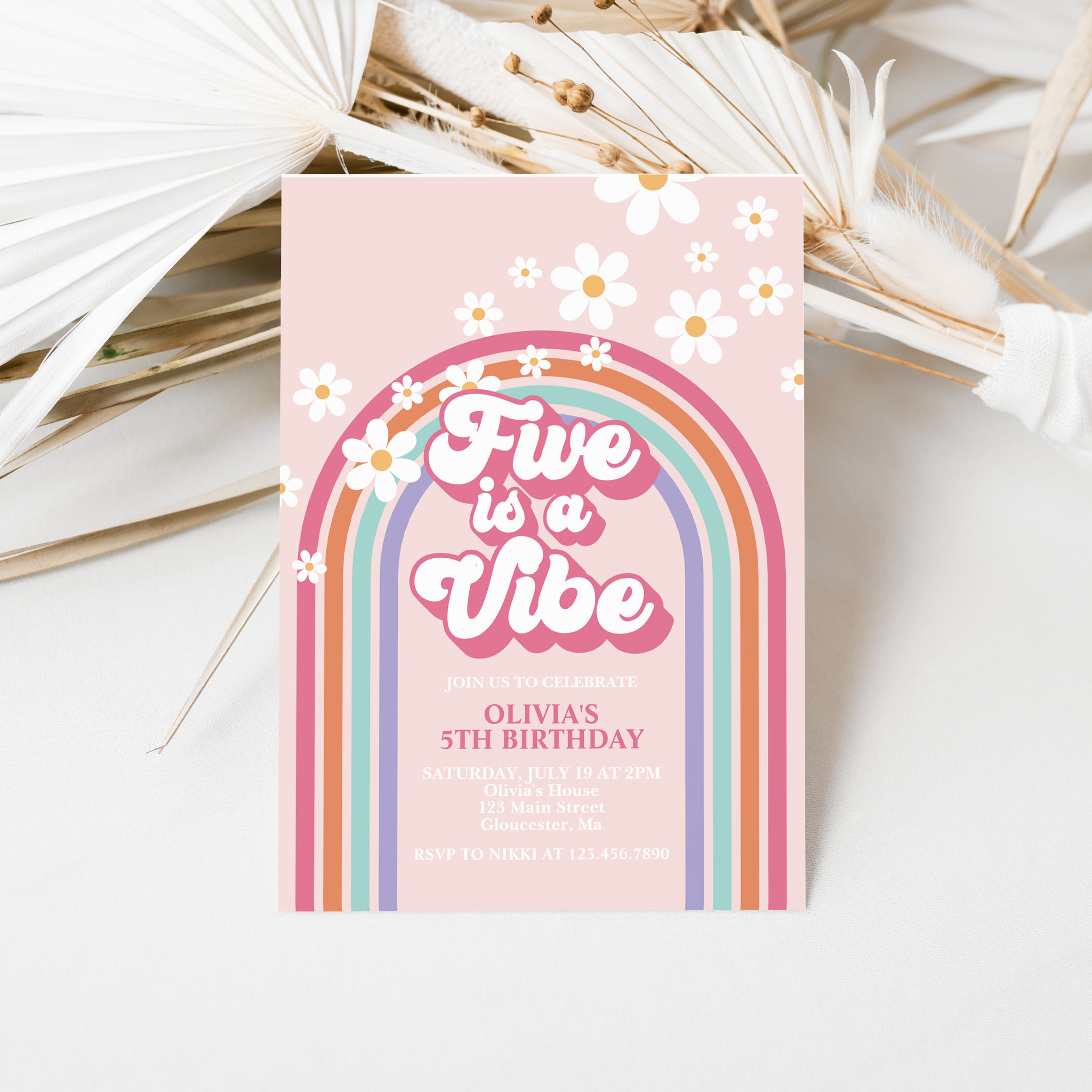 Retro Rainbow Five is a Vibe 5th Birthday Invitation