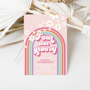 Retro Rainbow Four Ever Groovy 4th Birthday Invitation